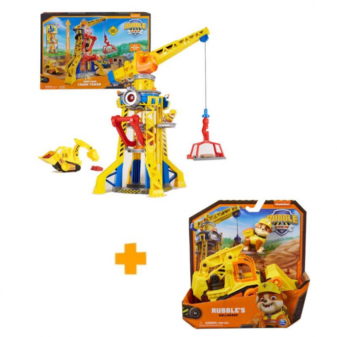 Povoljan paket: Rubble & Crew interaktivni kran sa zvukovima 60 cm + osnovno vozilo Rubble