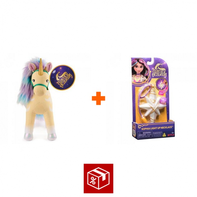 Povoljan set: Unicorn Academy plišani jednorog Leaf 38 cm + ogrlica s prstenom