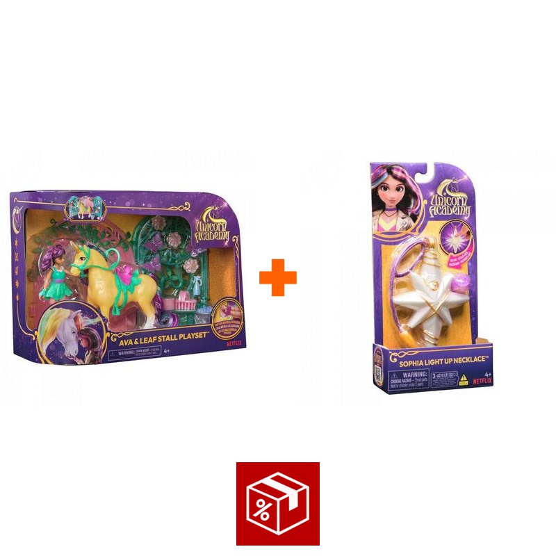 Povoljni set: Unicorn Academy mala štala s Avom i Leafom koji mijenja boje + ogrlica s prstenom