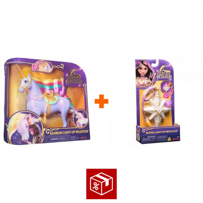 Povoljni set: Unicorn Academy svjetleći jednorog Wildstar 28 cm + ogrlica i prsten
