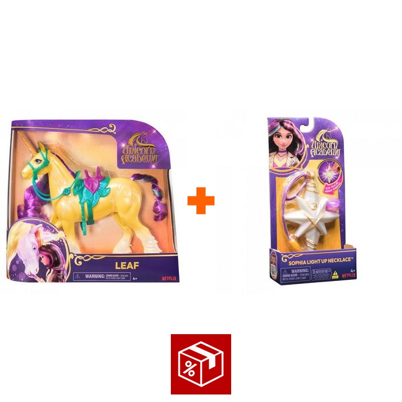 Povoljni set: Unicorn Academy češljajući jednorog Leaf 28 cm + ogrlica s prstenom
