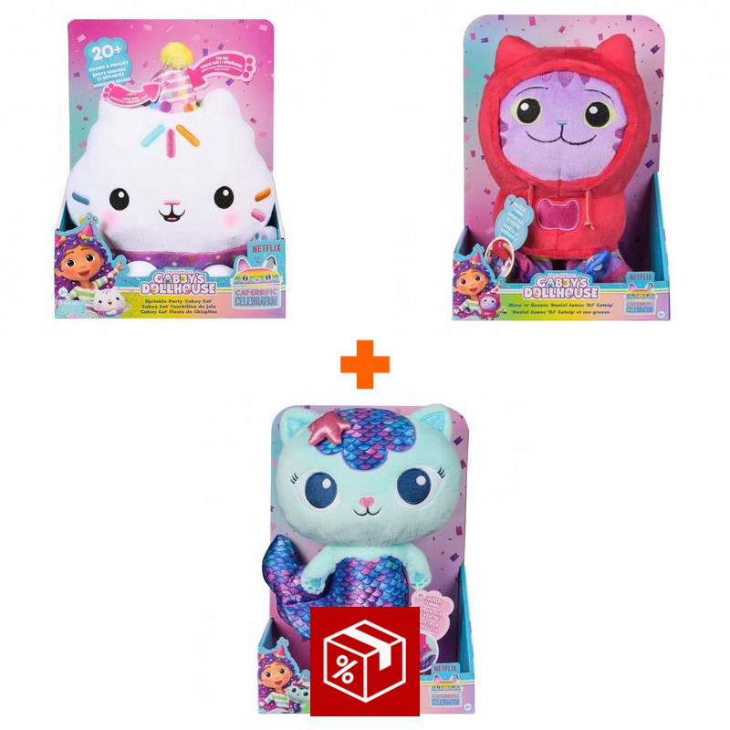 Povoljni set: Gabby’s Dollhouse plišana igračka Cakey sa zvukovima + plišani DJ Catnip i Mercat