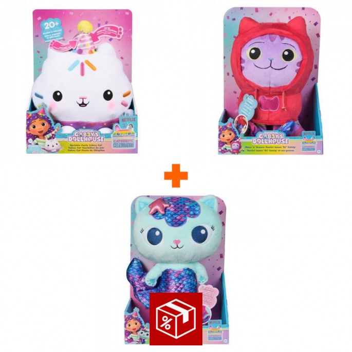 Povoljni set: Gabby’s Dollhouse plišana igračka Cakey sa zvukovima + plišani DJ Catnip i Mercat