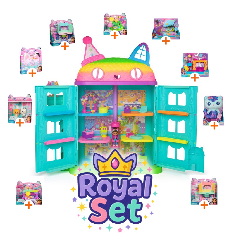 Royal set: Gabby’s Dollhouse velika kuća s proslavom, 9 dodataka + plišani Mercat GRATIS