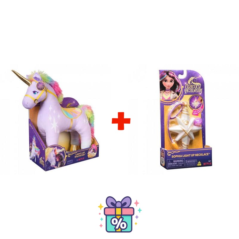 Povoljni set: Akademija za jednoroge plišani Wildstar sa zvukovima 38 cm + ogrlica s prstenom