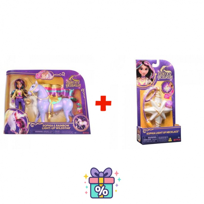 Povoljni set: Unicorn Academy svjetleći Wildstar 28 cm i Sophia 24 cm + ogrlica s prstenom