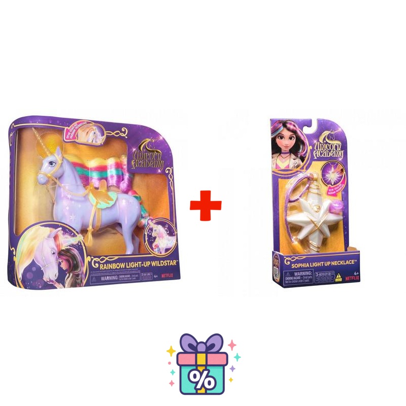 Povoljni set: Akademija za jednoroge svjetleći jednorog Wildstar 28 cm + ogrlica s prstenom