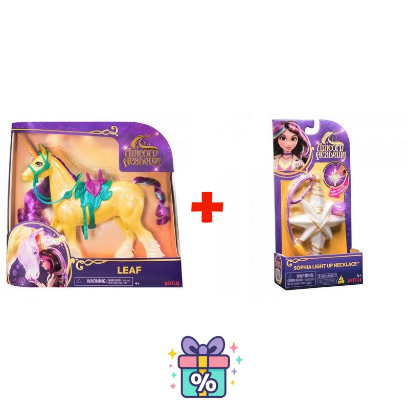 Povoljni set: Unicorn Academy češljajući jednorog Leaf 28 cm + ogrlica s prstenom