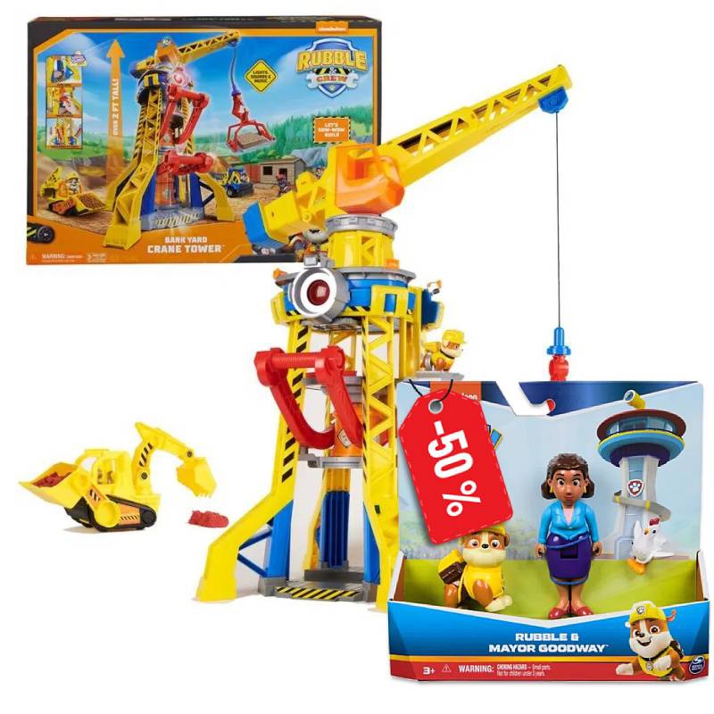 Paket: Rubble och hans gäng interaktiv kran 60 cm + borgmästare Goodway och Rubble till halva priset