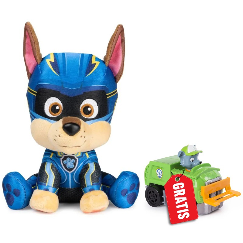 Akce 1+1 Tlapková patrola Chase plyšák 23 cm + Tlapková patrola malé vozidlo Rocky navíc