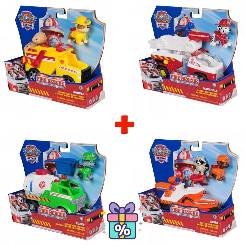 Prisvärt set: Paw Patrol Fire Rescue fordon Rubble + Marshall + Rocky + Zuma