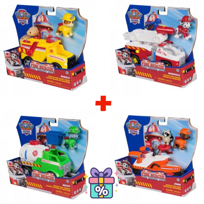 Prisvärt set: Paw Patrol Fire Rescue fordon Rubble + Marshall + Rocky + Zuma