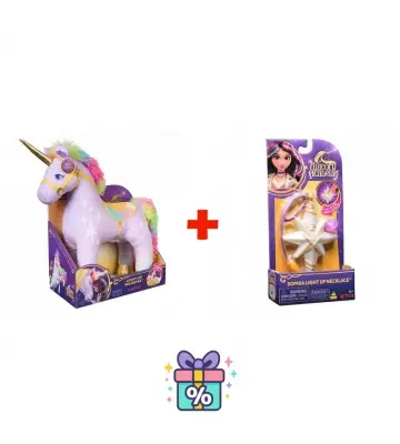Fordelagtigt sæt: Enhjørningeakademiet plyset Wildstar med lyde 38 cm + halskæde med ring