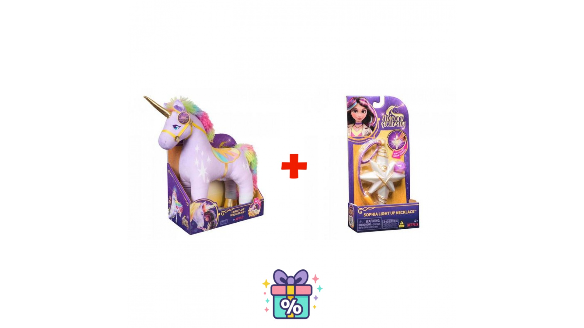 Levně Výhodný set: Jednorožčí akademie plyšový Polárka se zvuky 38 cm + náhrdelník s prstenem