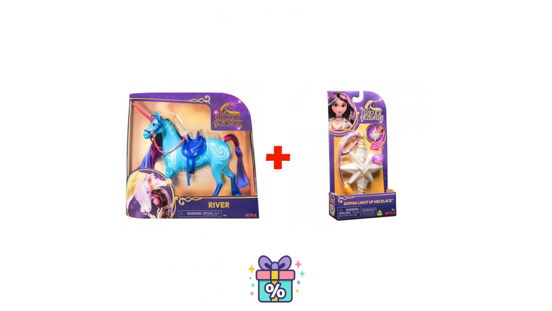 Levně Výhodný set: Jednorožčí akademie česací jednorožec Potok 28 cm + náhrdelník s prstenem