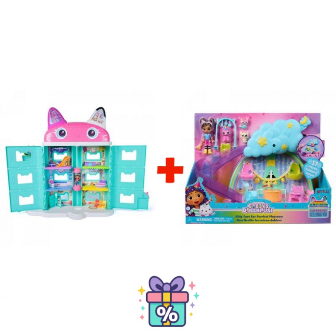 Prisvärt set: Gabbys magiska dockhus i filmen: stort hus från filmen + lekset krubba