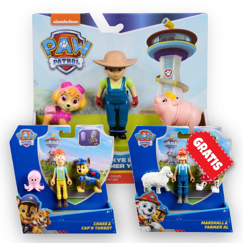 ERBJUDANDE: Paw Patrol Yumi och Skye + Chase och kapten Turbot + Marshal och bonden Al GRATIS