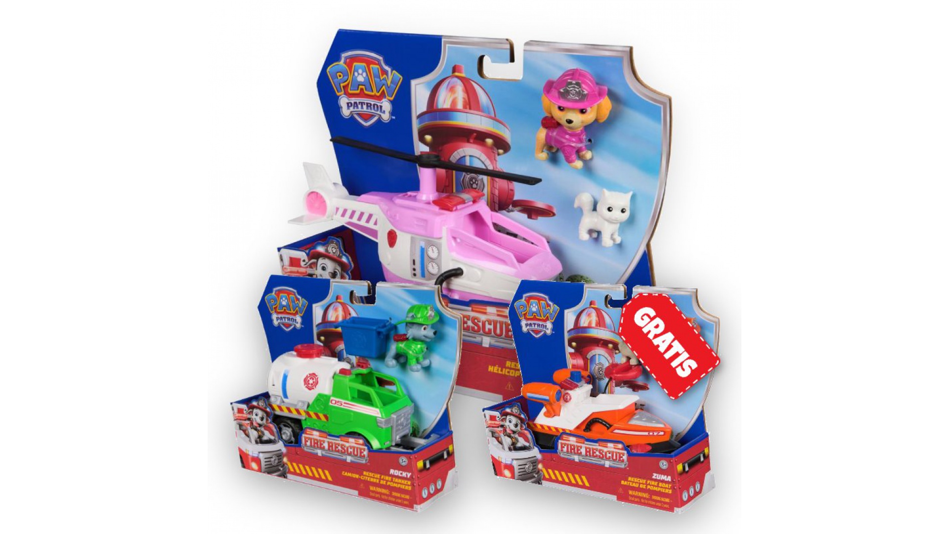 Patrula Căţeluşilor Ofertă: Vehicule Fire Rescue Skye + Rocky + Zuma Gratuit