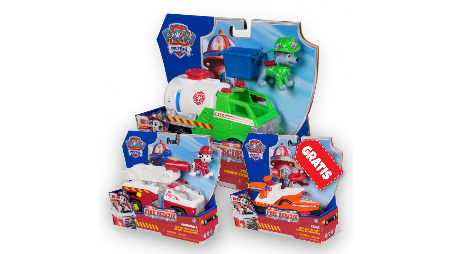 Patrula Căţeluşilor Ofertă: Vehicule Fire Rescue Rocky + Marshall + Zuma Gratuit