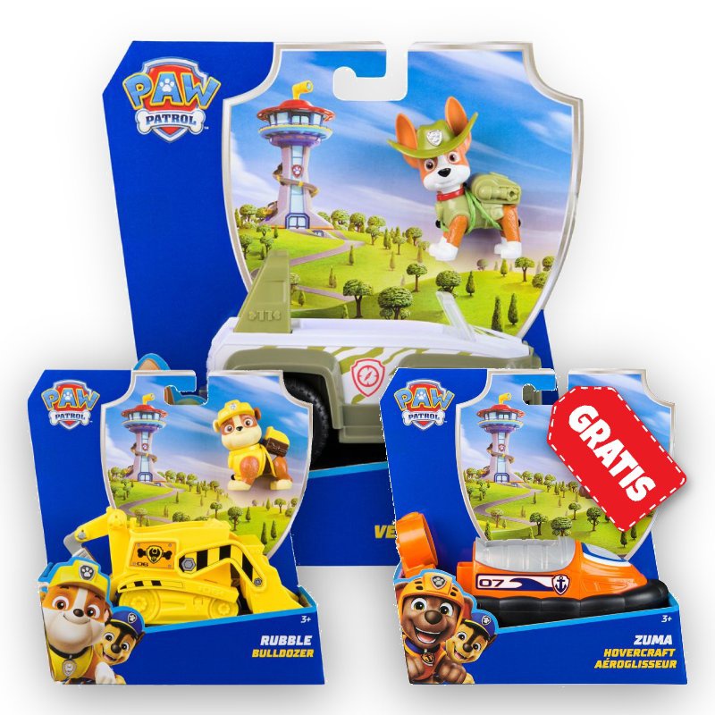 AKTION: Paw Patrol grundläggande fordon Tracker + Rubble + Zuma GRATIS