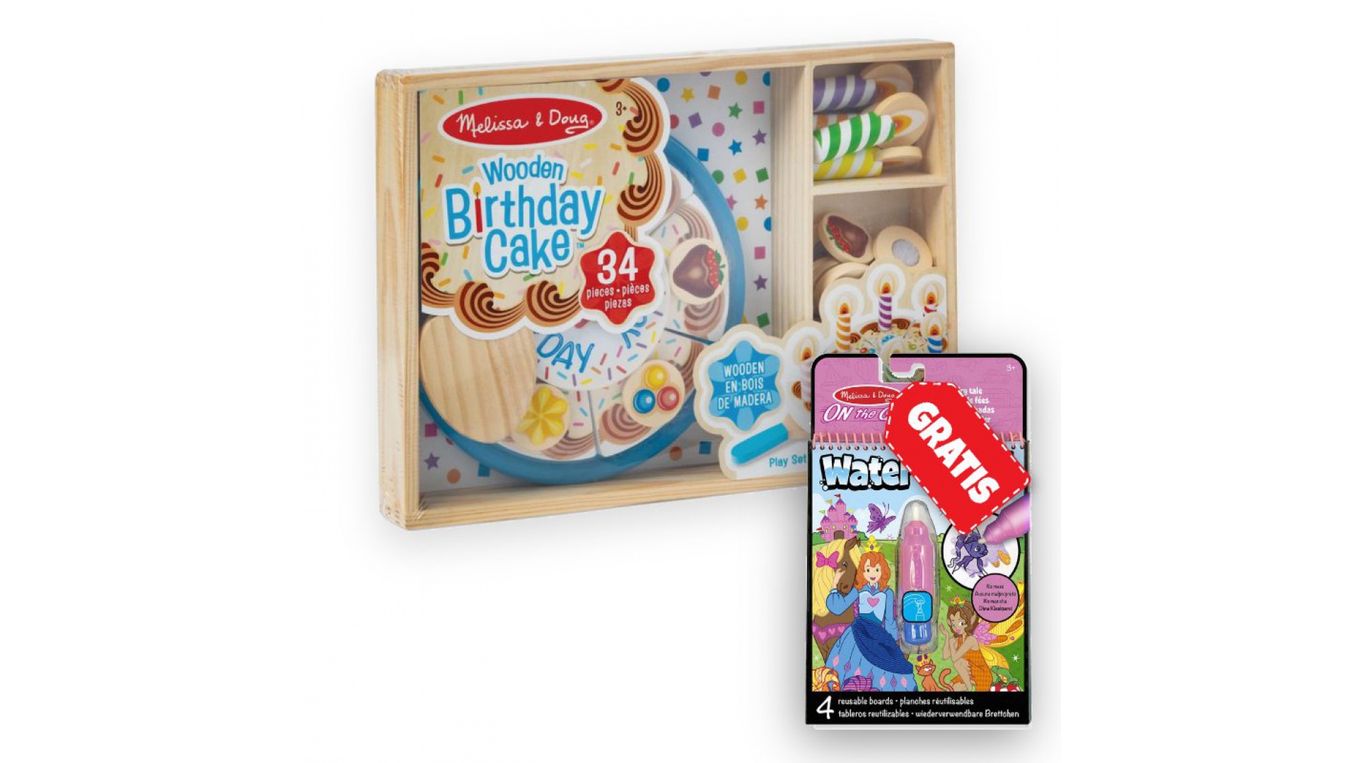Levně AKCE: Melissa & Doug narozeninový dort set + Water WOW kouzlení vodou pohádky ZDARMA