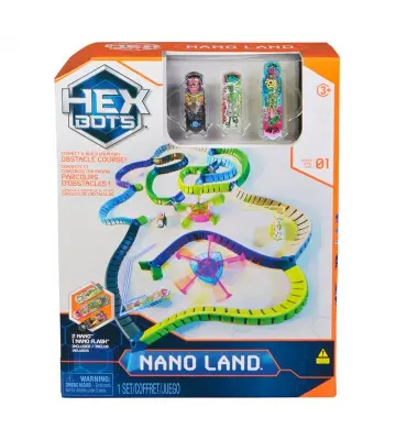 Hex Bots Nano Land -setti, jossa on 3 pientä robotti-hyönteistä ja niiden leikkialue