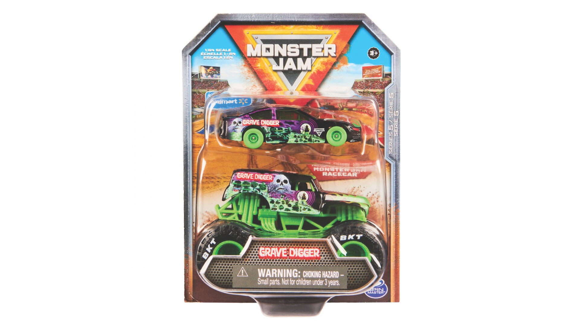 Levně Monster Jam Grave Digger závodní auto a Monster Truck 1:64