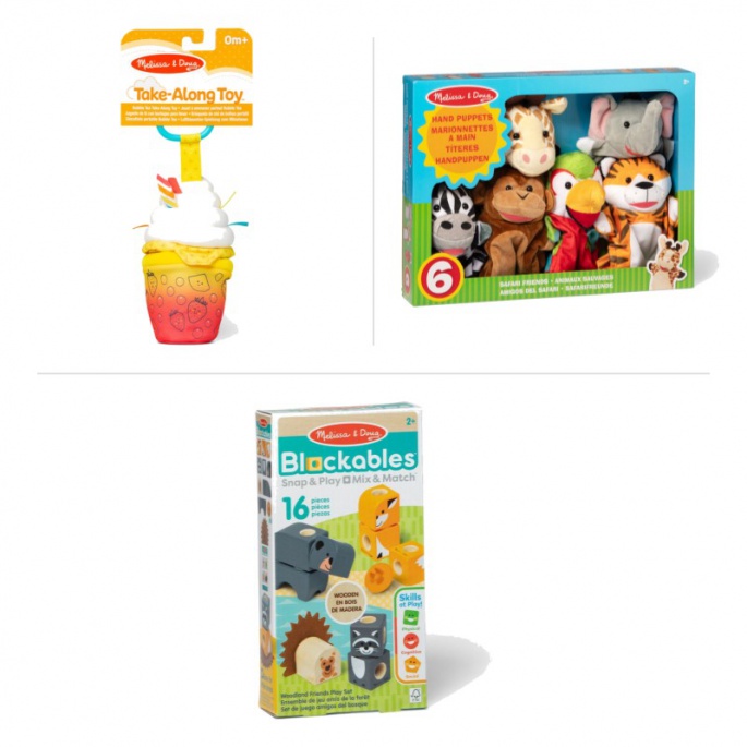 Fordelagtigt sæt: Melissa & Doug Bubble Tea + safari hånddukker + Blockables med 25 % rabat