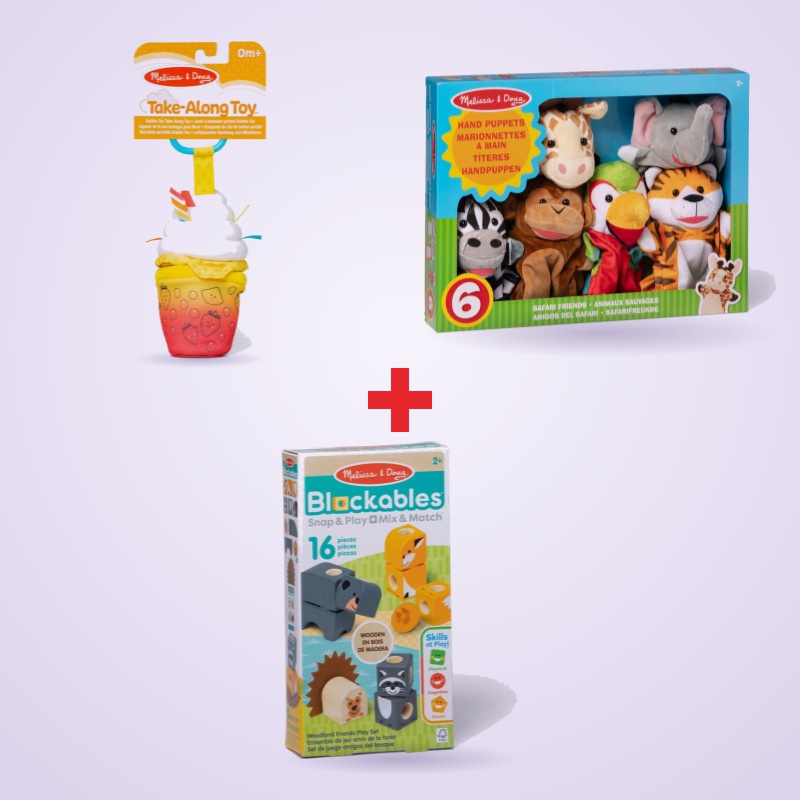 Οικονομικό σετ: Melissa & Doug Bubble Tea + μαριονέτες σαφάρι + Blockables με έκπτωση 25 %