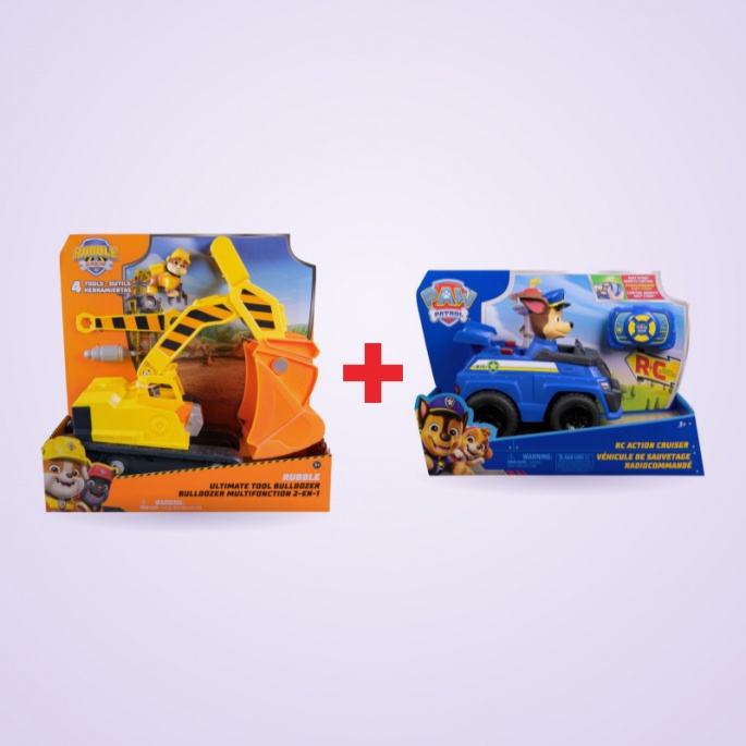 Set conveniente: Rubble & Crew escavatore cingolato + Paw Patrol veicolo Chase - sconto 25 %