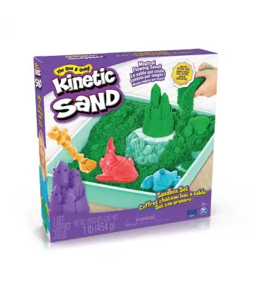 Caja de Kinetic Sand arena líquida con base verde
