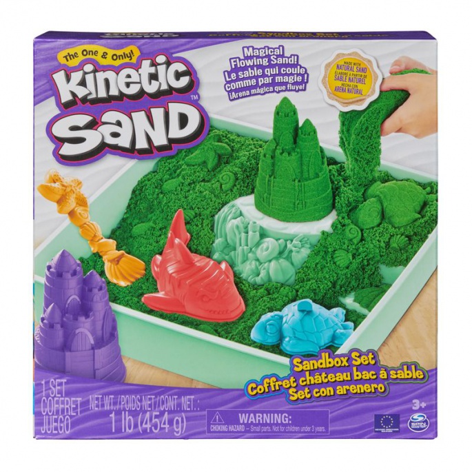 Kinetic Sand låda med flytande sand och grön underlägg