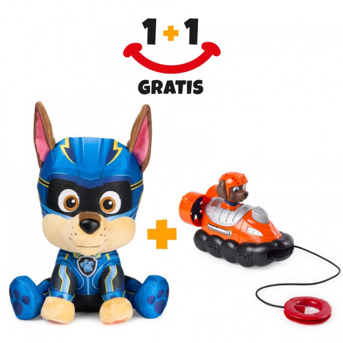 Akce 1+1 Tlapková patrola Chase plyšák 23 cm + Tlapková patrola malé vozidlo Zuma navíc