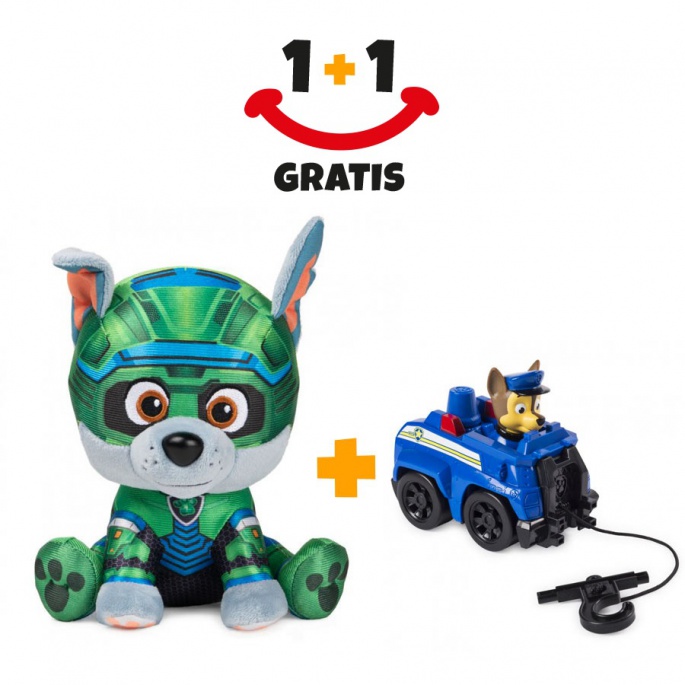 Akce 1+1 Tlapková patrola Rocky plyšák 15 cm + Tlapková patrola malé vozidlo Chase navíc