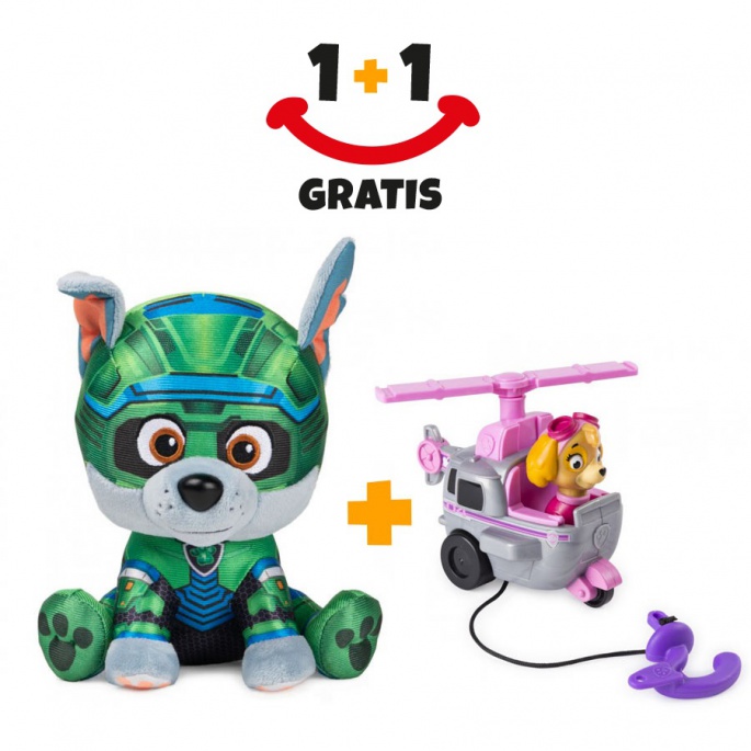 Akce 1+1 Tlapková patrola Rocky plyšák 15 cm + Tlapková patrola malé vozidlo Skye navíc